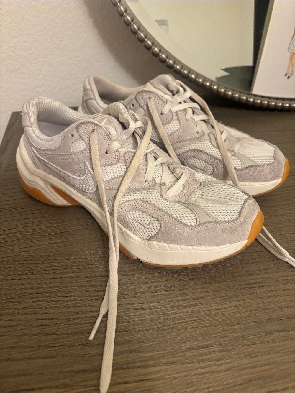 Nike Women’s Light Gray and White Mesh Suede Sneakers with Gum Outsole